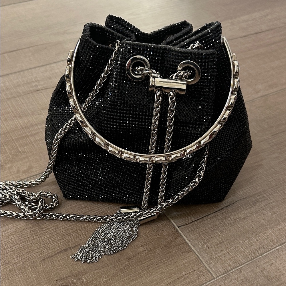 Sondra Roberts Black Drawstring Bag with Gem Handle and Chain Strap Evening bad